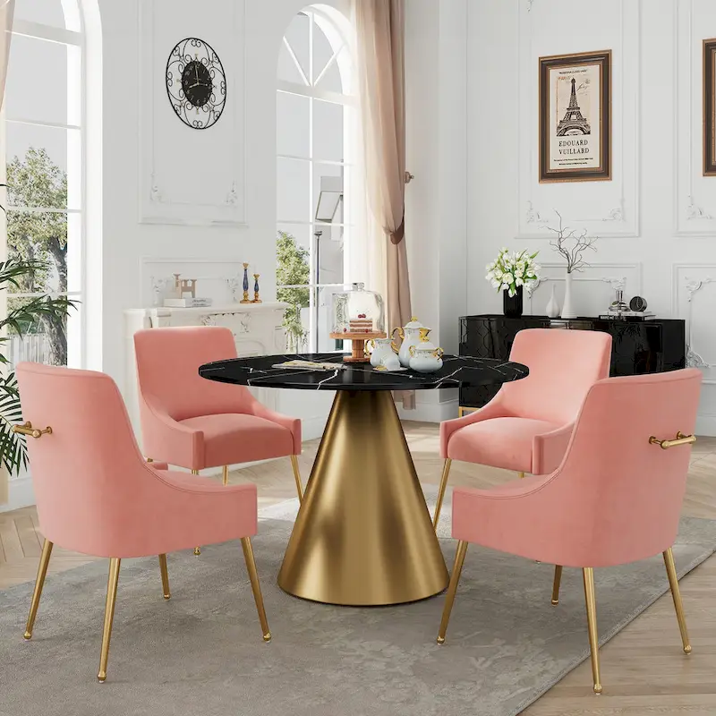 Clihome 5 Piece Black Marble Top Table with Velvet Dining Chair Set