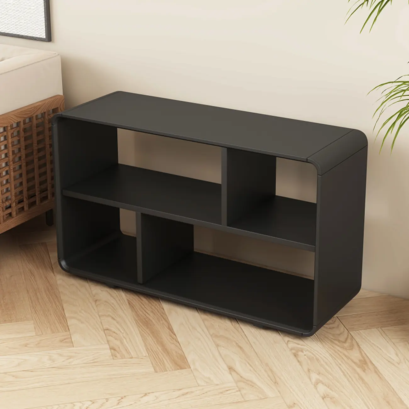 Narrow Rectangle Wooden Open Storage Black Display Shelf
