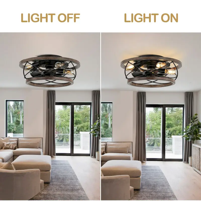 CurveCurio 18  Drum Farmhouse Wood Ceiling Fan, Wood Fan Light with Metal Accents, 4 Light 3 Fan Speed w Remote Control