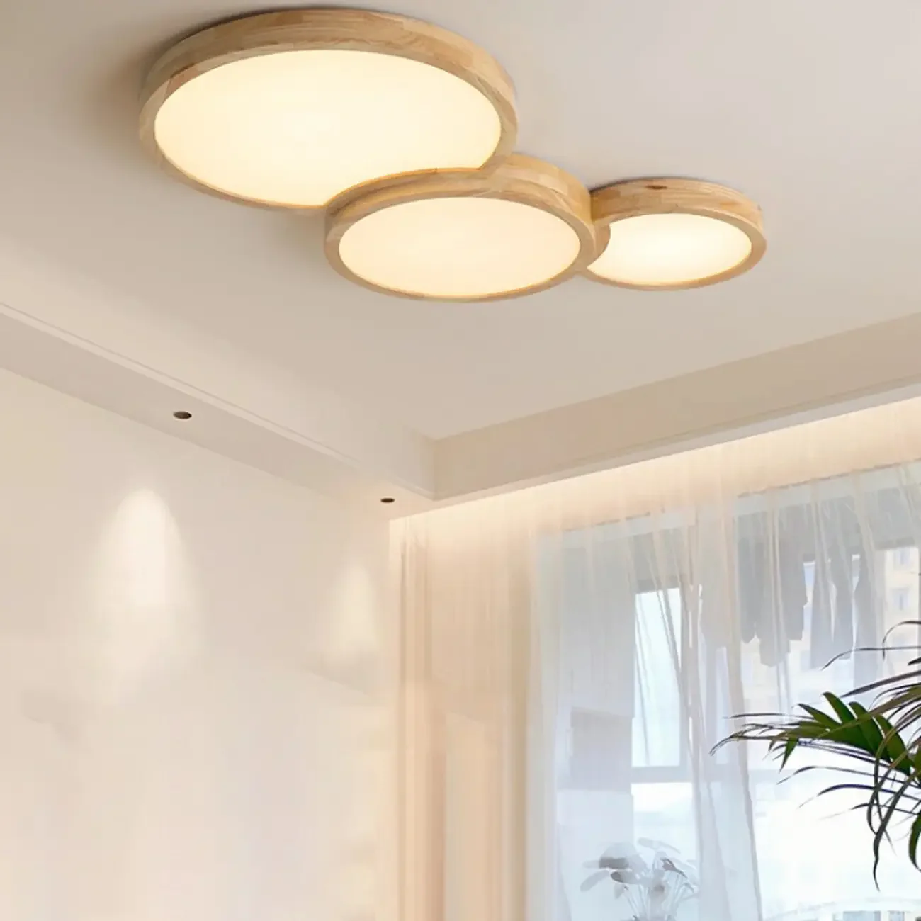 Natural Geometric Wood Dimmable Flush Mount LED Ceiling Light