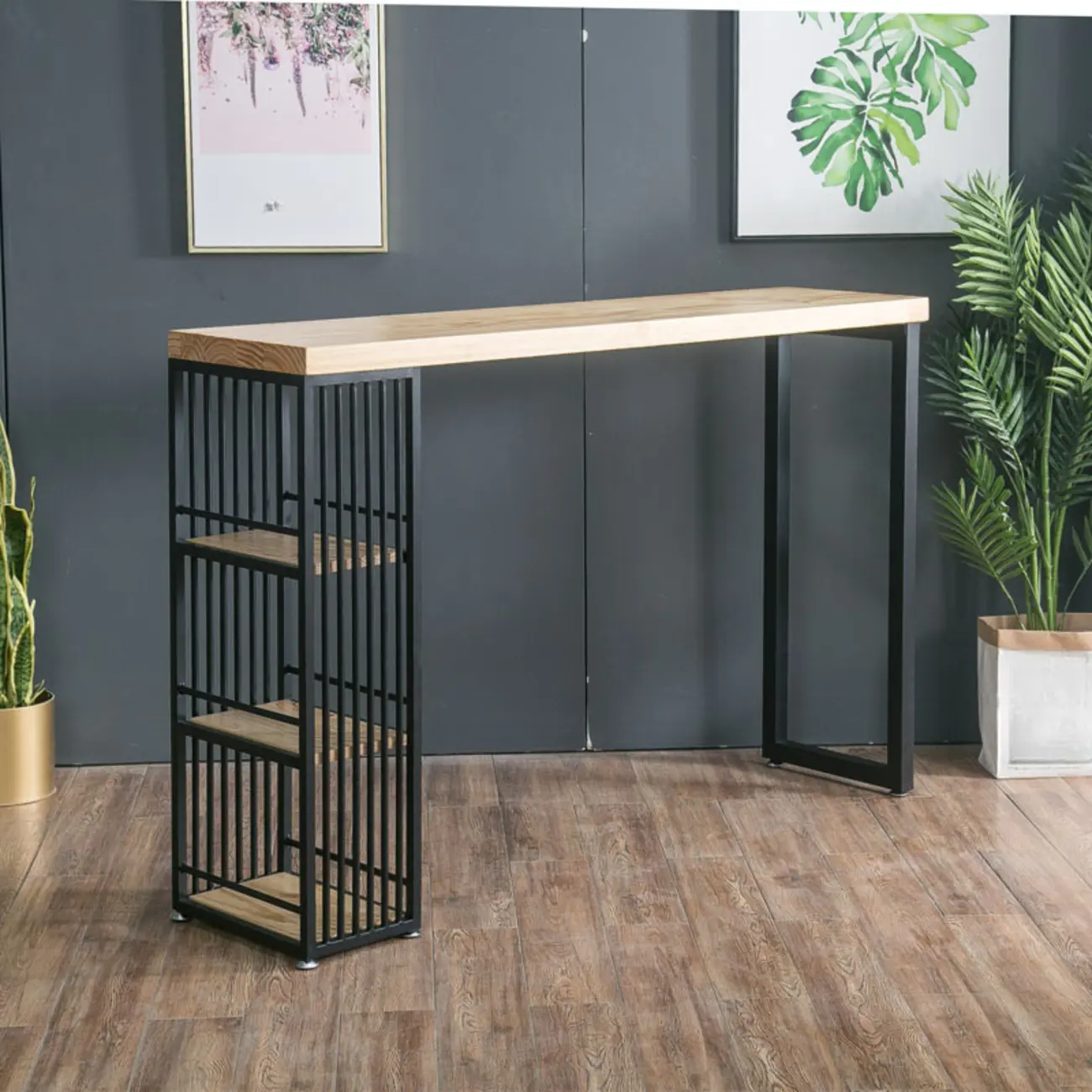 Modern Rectangle Wood Pub Table with 3 Shelves for Home Bar