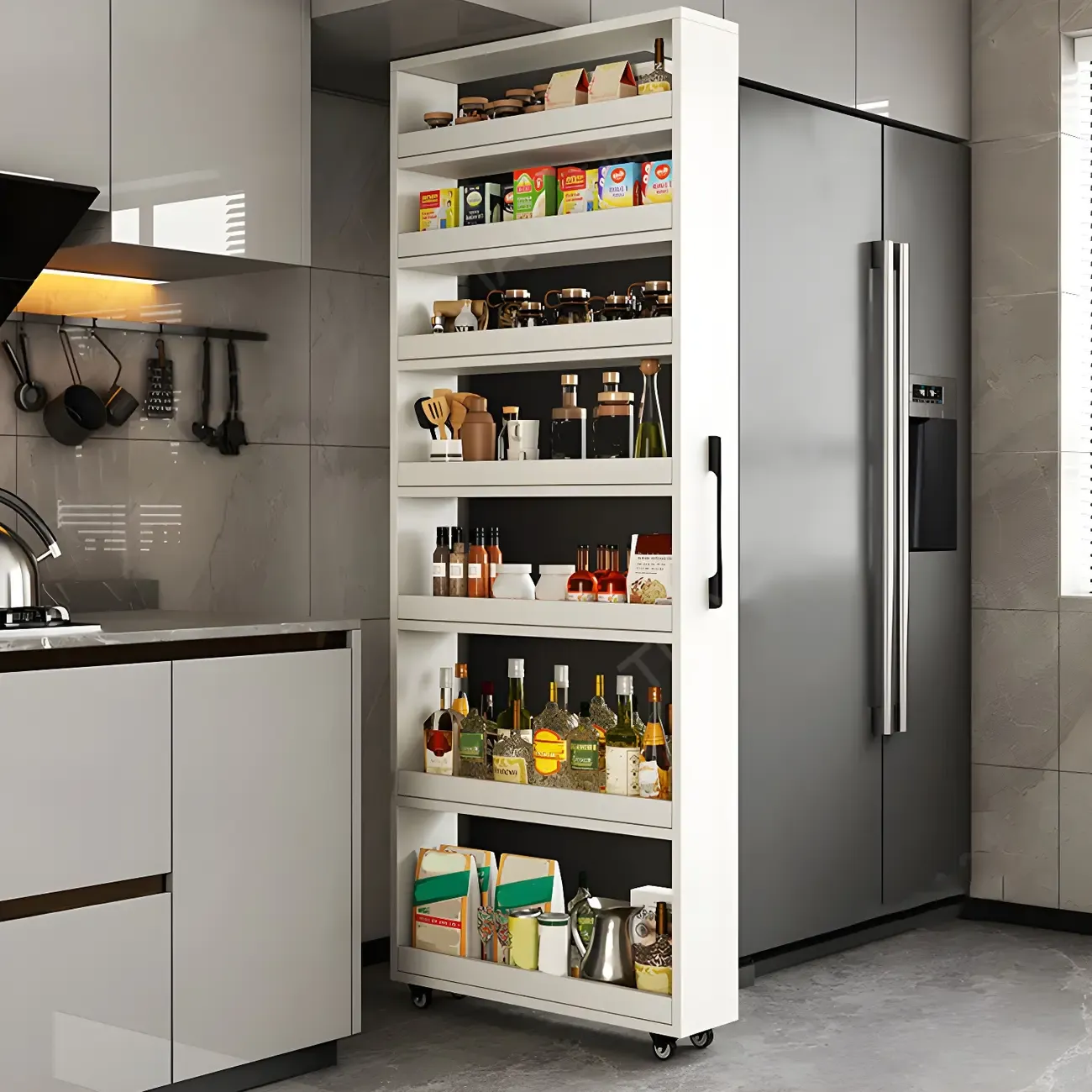 Modern Wooden Buffet Table with Open Shelves and Caster