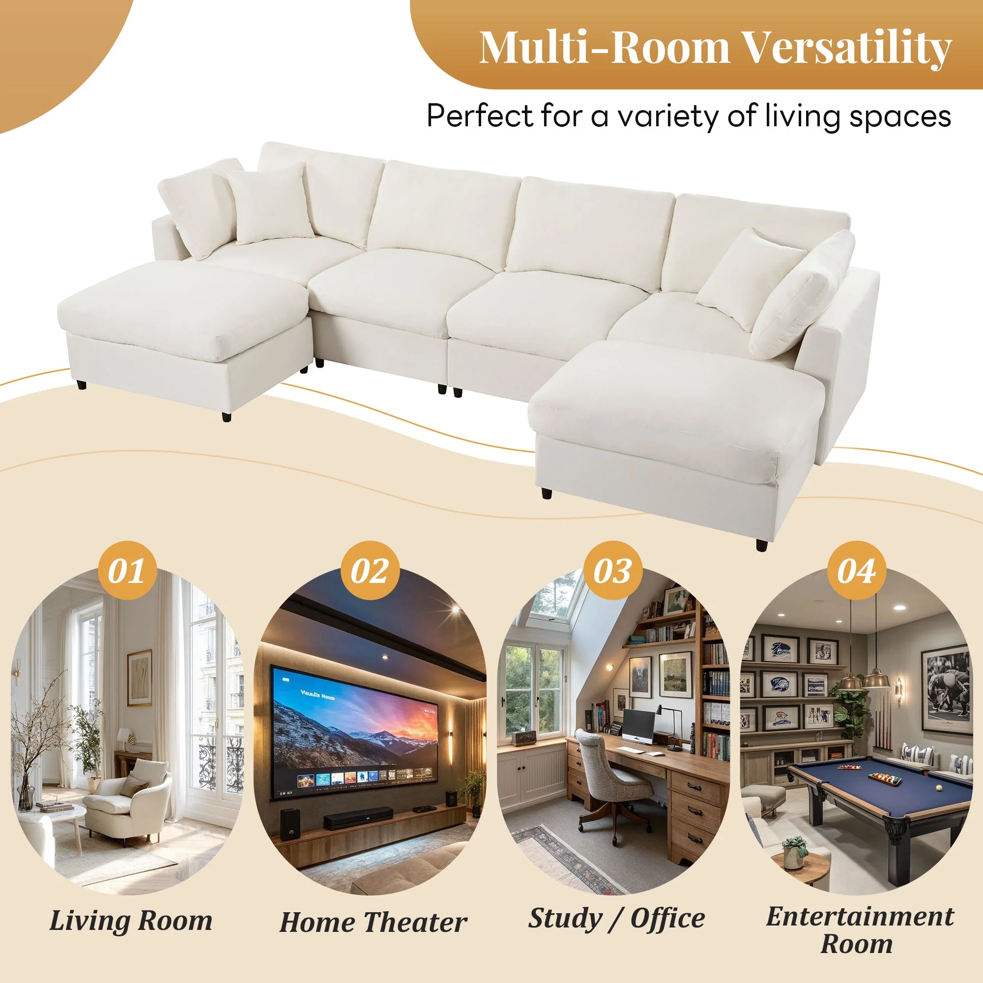Modern Modular Chenille U-Shaped Sectional Sofa with Two Ottomans