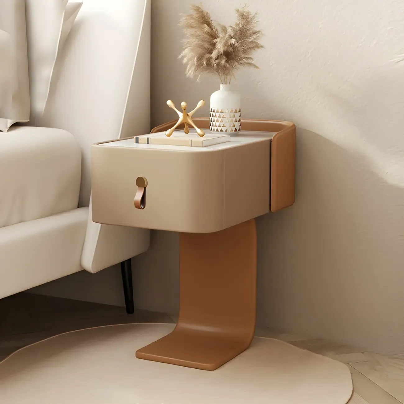 Khaki Stone Top Wood C-Shaped Nightstand with Drawer