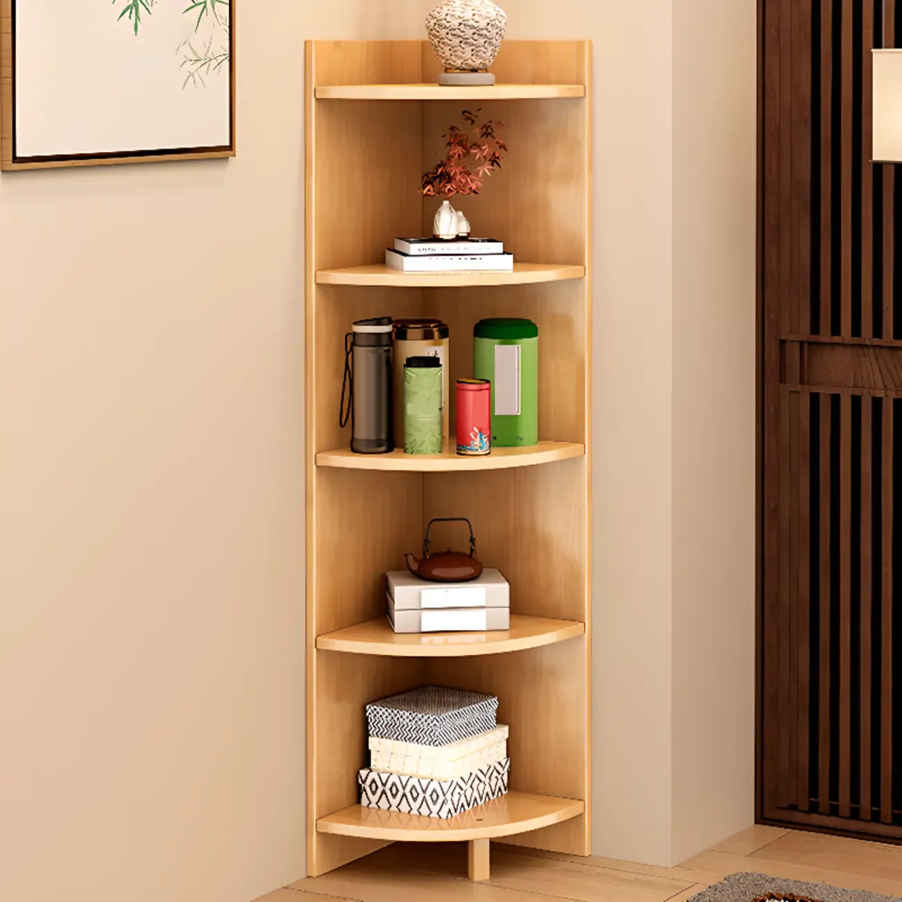 Narrow 5-Tier Natural Wood Corner Bookcase