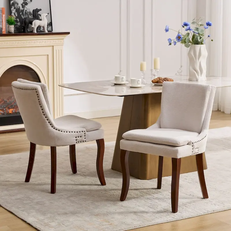 Modern Dining Chairs Set of 2,Chenille Upholstered Dining Chairs,Living Room Accent Leisure Chairs with Curved Solid Wood Legs