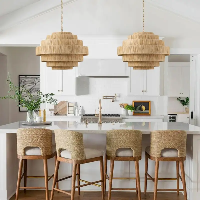 Farmhouse Gold Multi Tiers 5-Light Kitchen Island Pendant Light with Paper Woven Shade