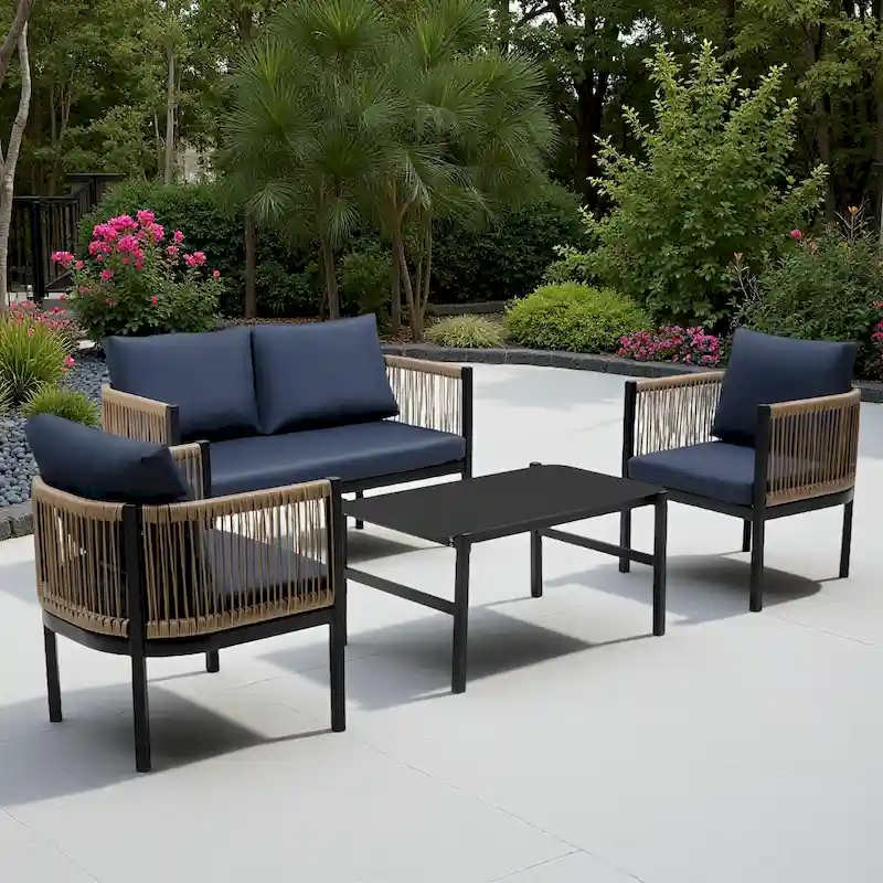 4-Piece Outdoor Patio Iron Conversation Sofa Set with Tempered Glass Coffee Table