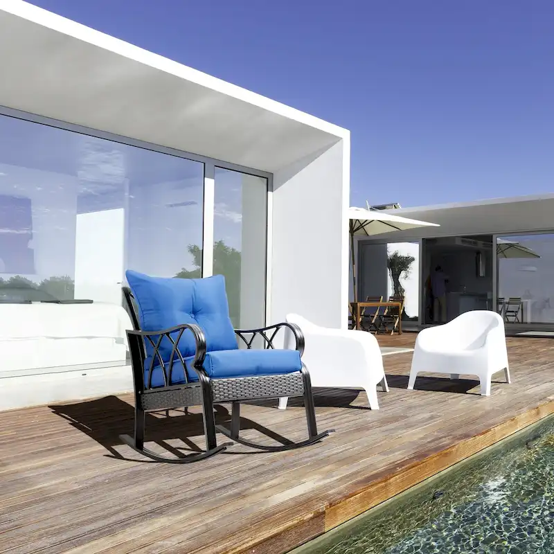 Outsunny Rattan Wicker Rocking Chair with Padded Cushions, Aluminum Frame, Armrest for Garden, Patio, and Backyard, Blue