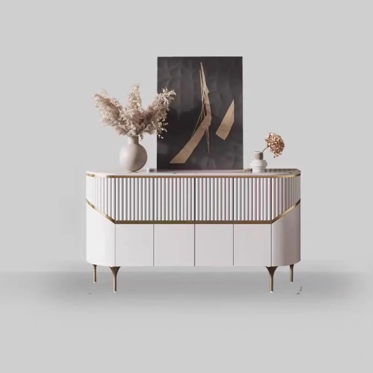 Modern White/Black Buffet Table with Cabinets