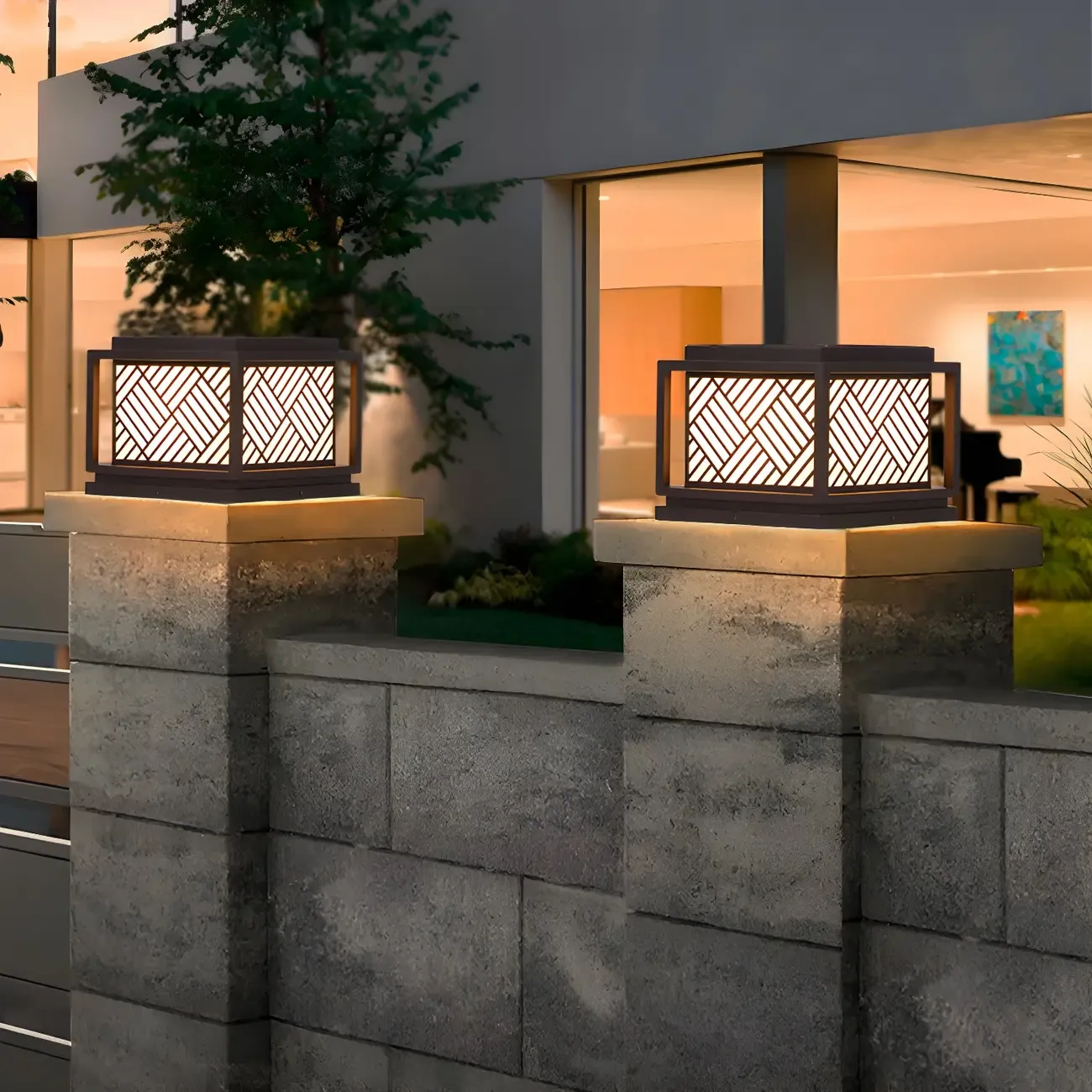 Cubic Metal Post Cap Light with Geometric Pattern Shade