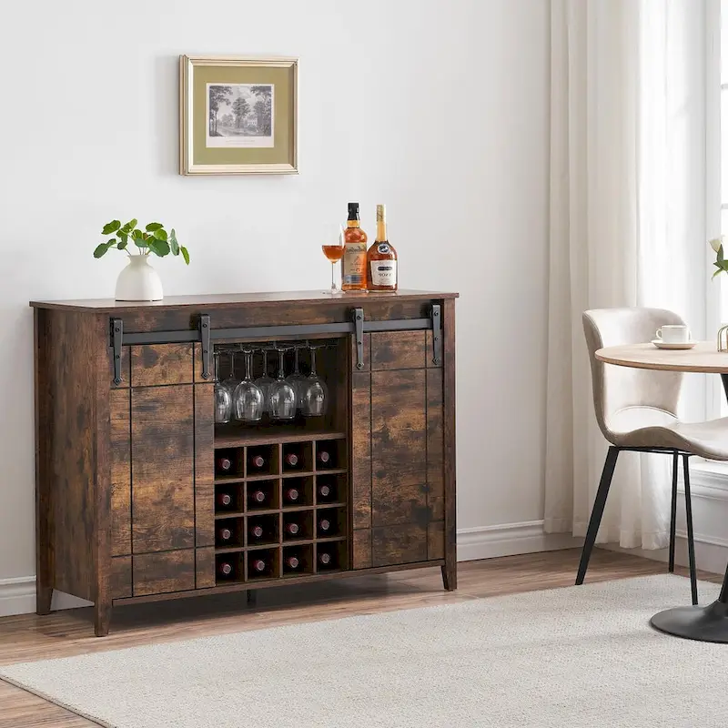 Farmhouse 47 Wine Bar Cabinet Buffet Sideboard Cabinet with 16 Bottle Wine Rack - 15.7D x 47.2W x 34.61H