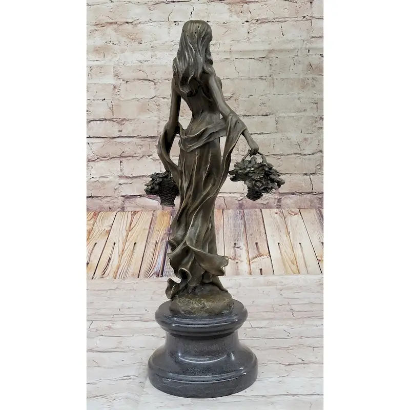 Real Bronze Statue Farmer Girl W/Flower Basket Sculpture Fall Harvest Figurine Art