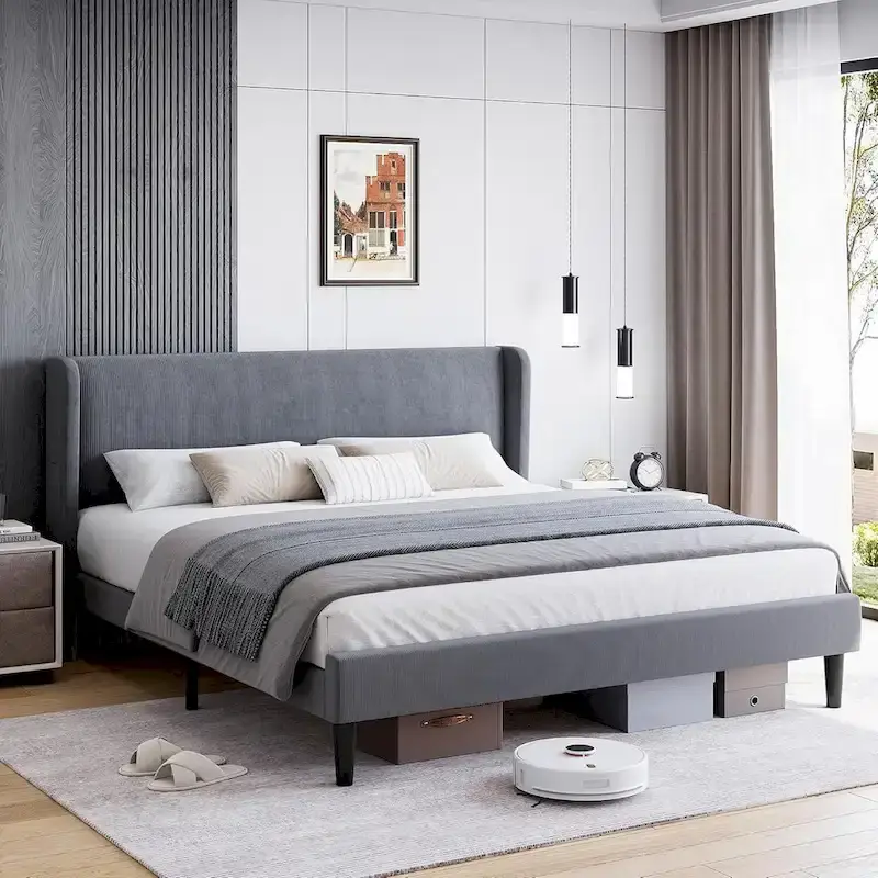 Wooden Bed Frame with Upholstered Headboard