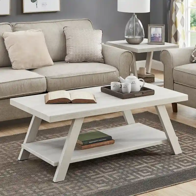 Contemporary Wood Shelf Coffee Table in White Finish, for Living Room