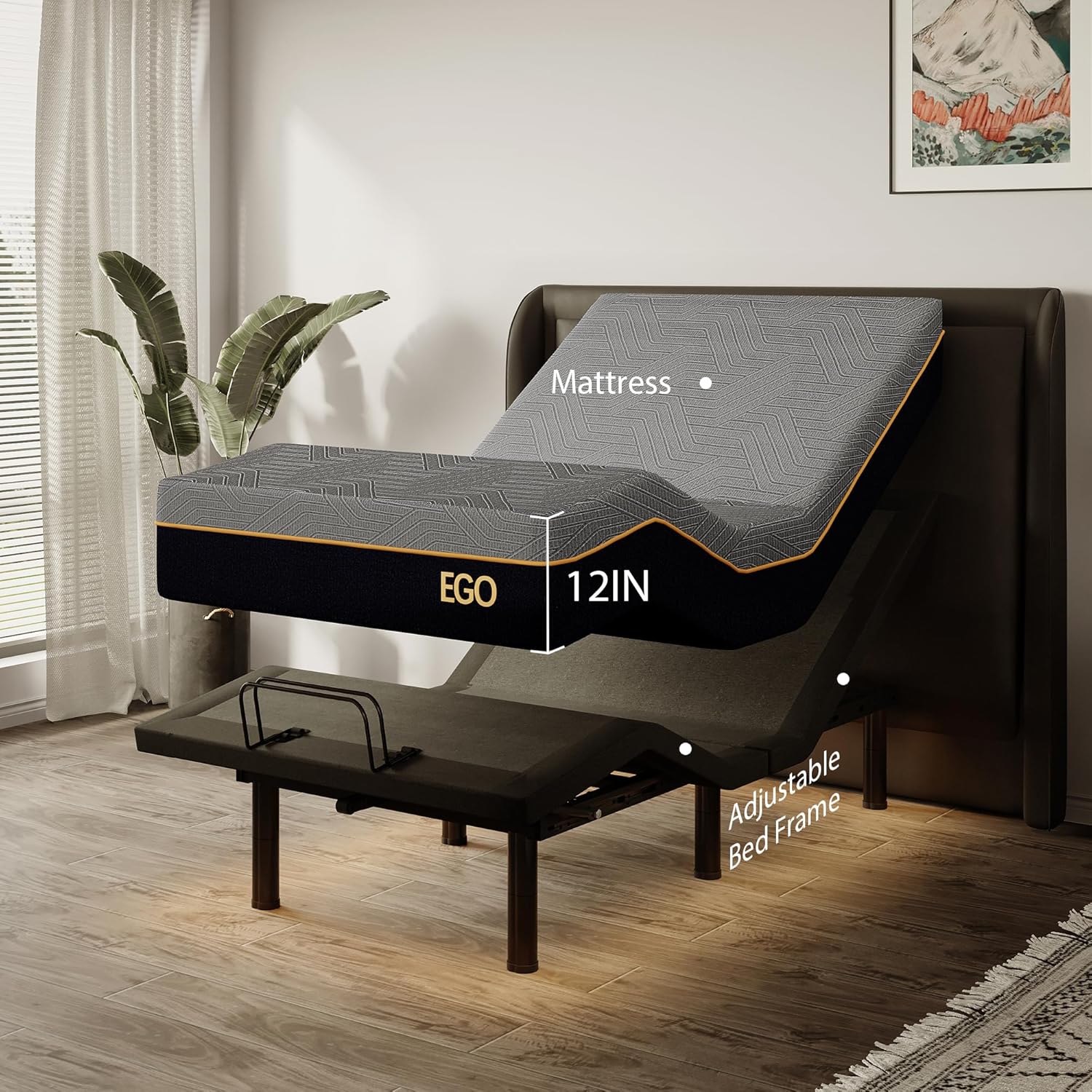 Split king adjustable bed frame with memory foam mattress in a bedroom