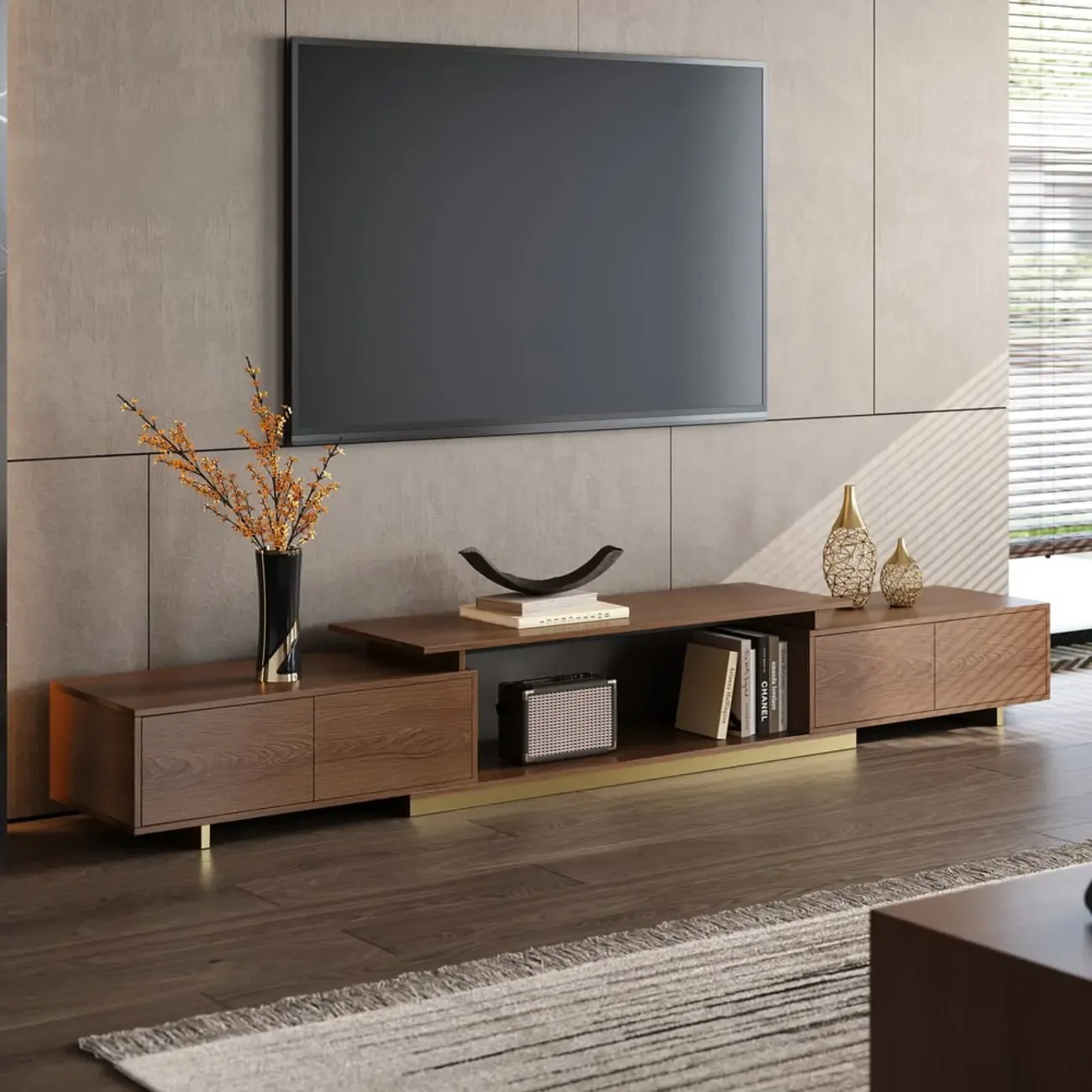 Extendable Walnut Wooden Open Storage TV Stand