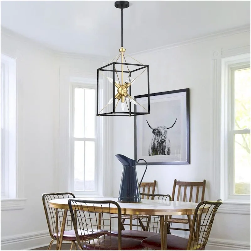 12.2 in. 9-Light Modern Rectangle Lantern Pendant Light with Matte Black finish and Gold Accents
