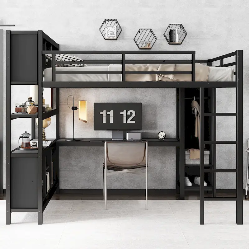 All-in-One Metal Loft Bed with L-Shaped Desk & Wardrobe, Bedrooms Bed Frame with Storage Cubes, Shelves, Full-Length Guardrails