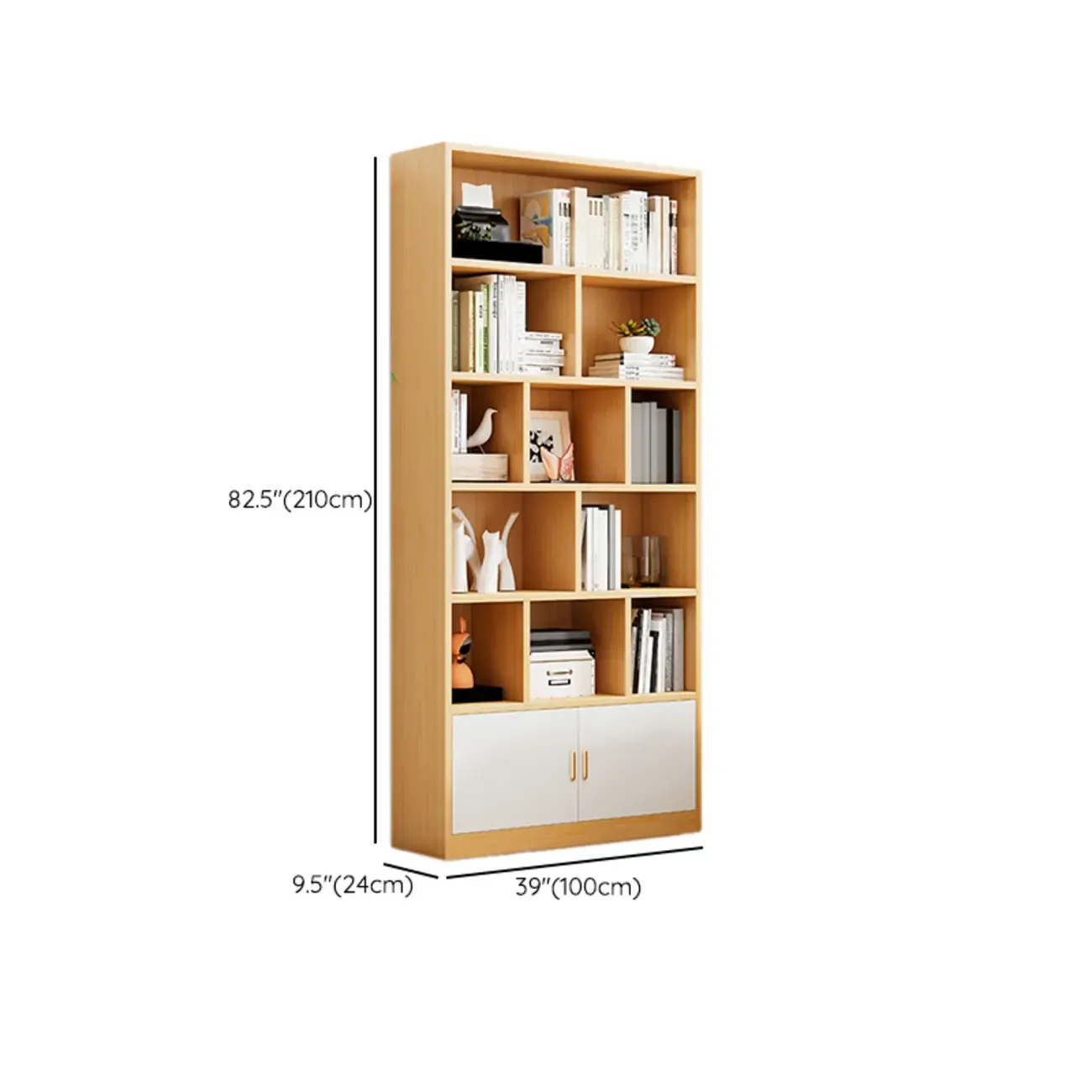 Natural Finish Narrow 6 Shelves Wooden Bookcase with Drawer