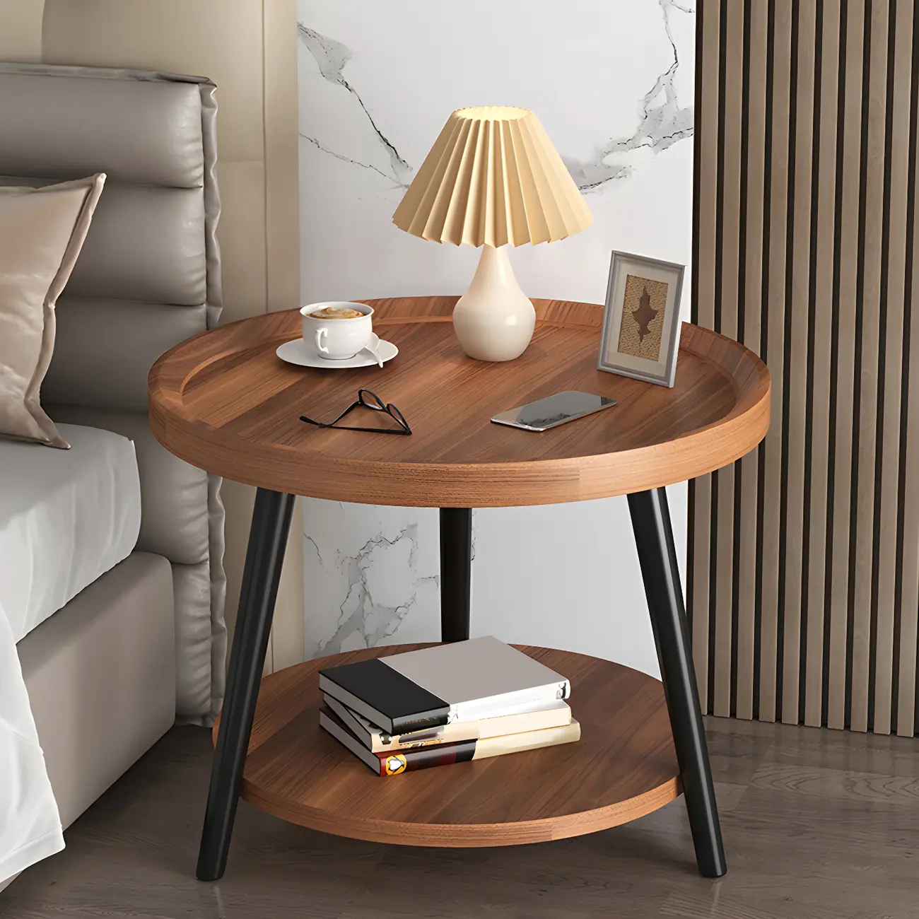 Natural Espresso Wood Small Round End Side Table with Tray Top & Shelf