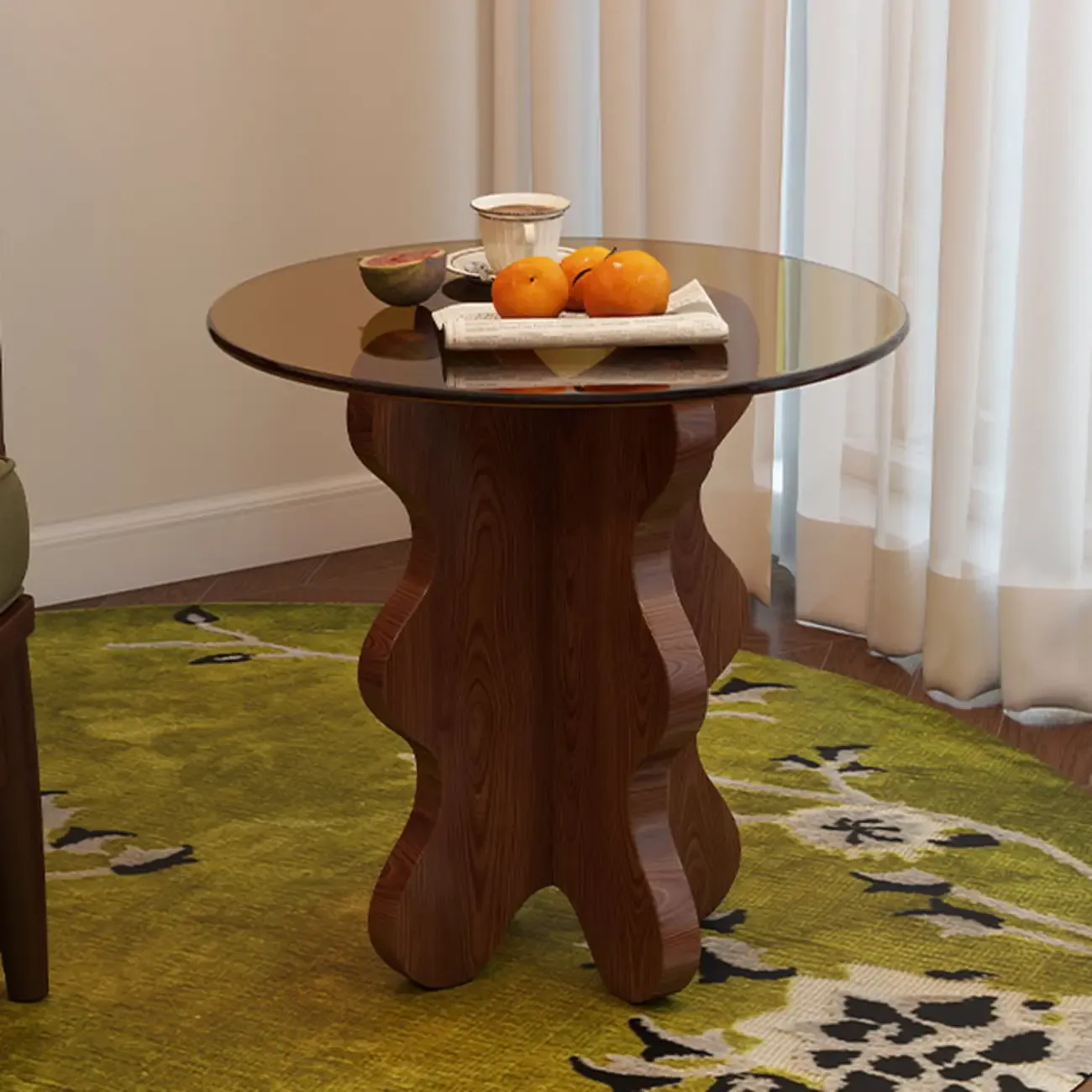Mid-Century Modern Glass Top Walnut Pedestal Side Table
