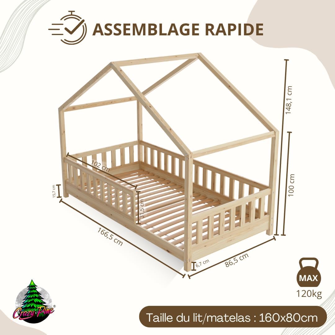 A low-profile wooden toddler bed with a partial safety rail in a natural pine finish.