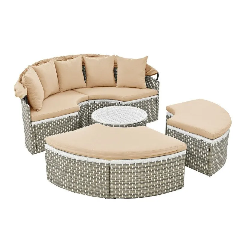 Round Patio Sectional Sofa Set  Two-Tone Rattan Daybed with Retractable Canopy & Modular Seating