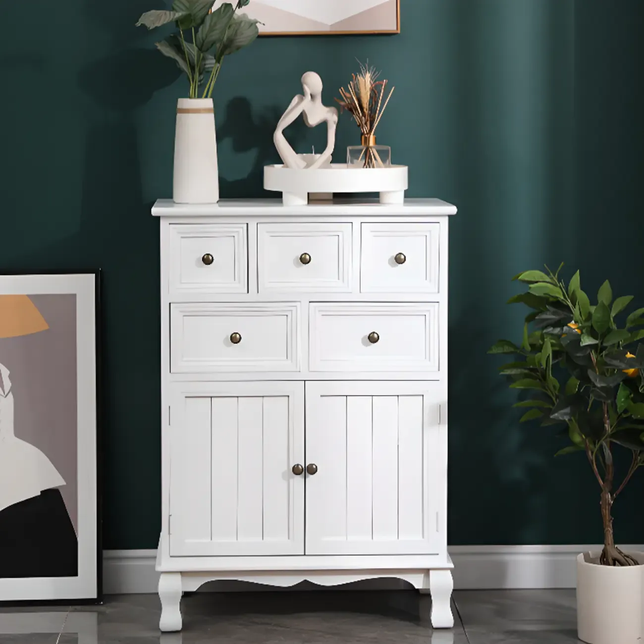 Rustic White Wooden Cabinet for Living Room with Drawers