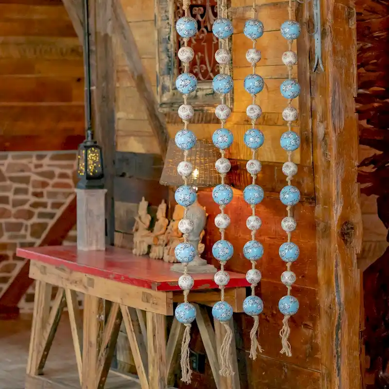 74  Long Porcelain Tsugo Ball Garland in Baby Blue and Ivory  Sakura  - 4  x 4  x 74