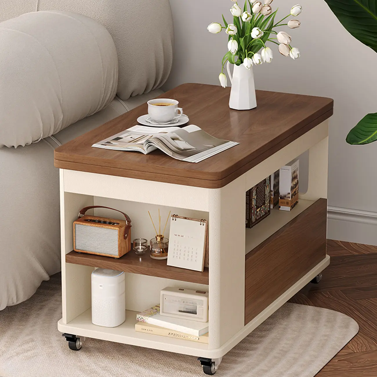Versatile Elegant Modern Wooden Side Table with Wheels