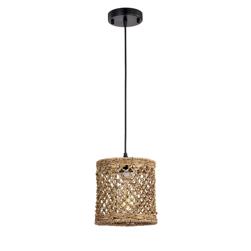 Shaun Dark Yellow 1-Light Rattan Drum Basket Pendant Light