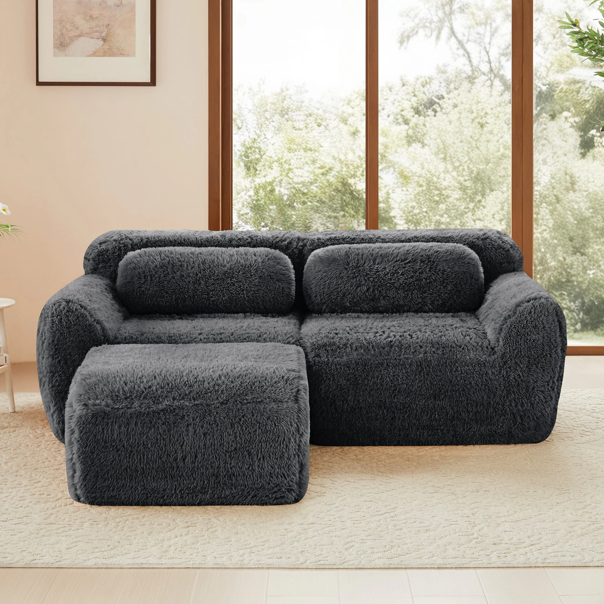Soft Teddy Plush Ergonomic Design L-shaped Loveseat Sofa with Ottoman
