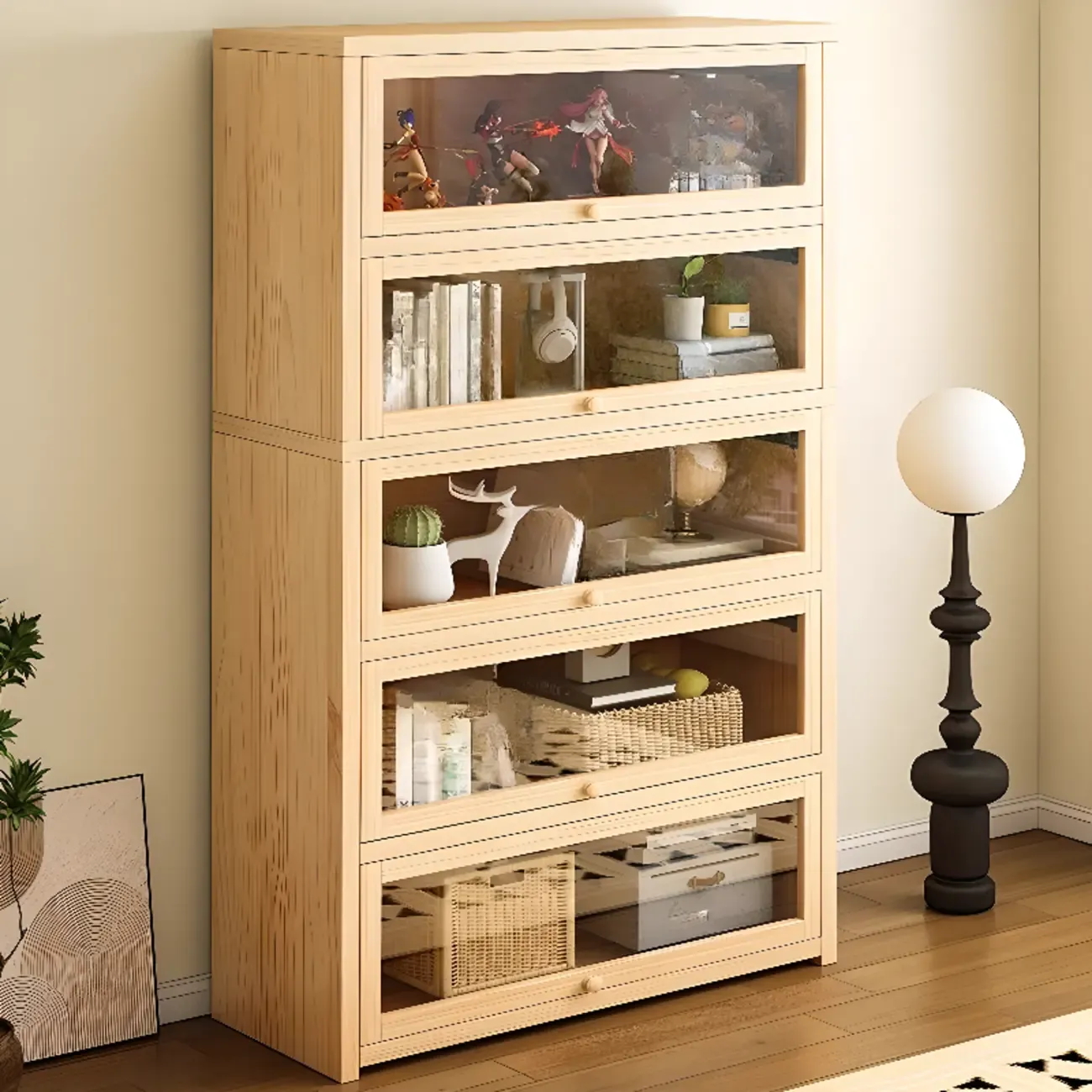 Natural Finish Flip-Top Wooden Bookcase with Glass Doors