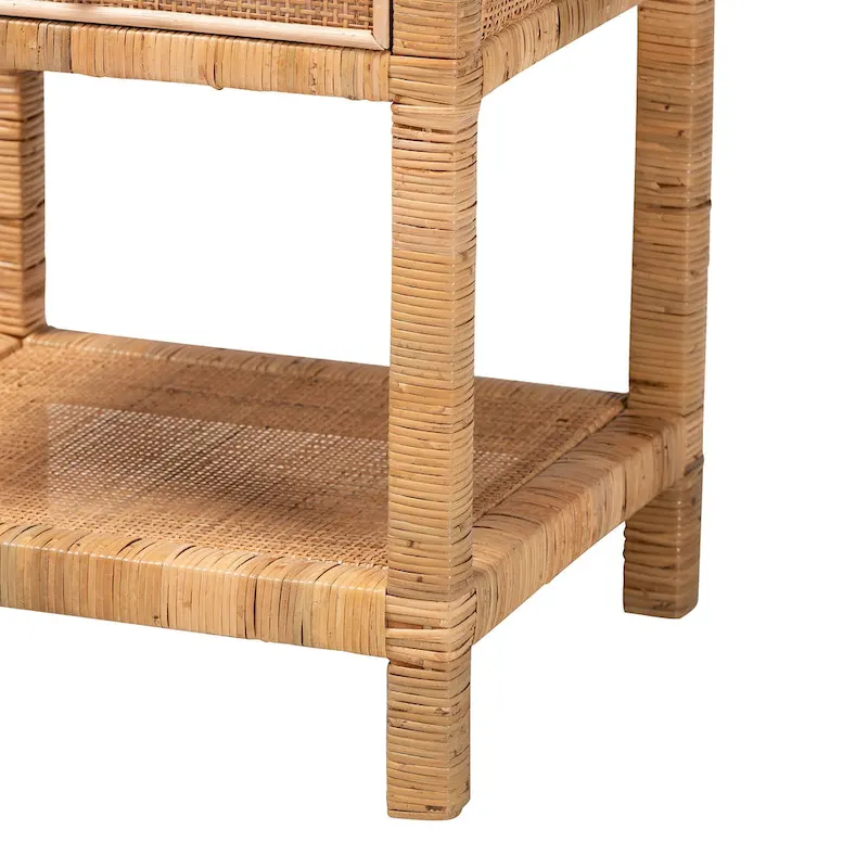 Adelia Modern Bohemian Natural Rattan and Mahogany Wood 1-Drawer Nightstand
