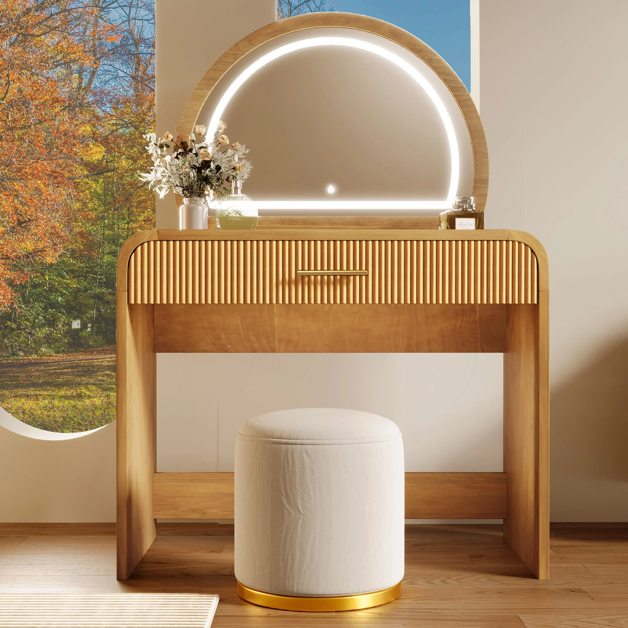 Walker Edison | Natural Reeded Curve Design Makeup Vanity Desk with Mirror