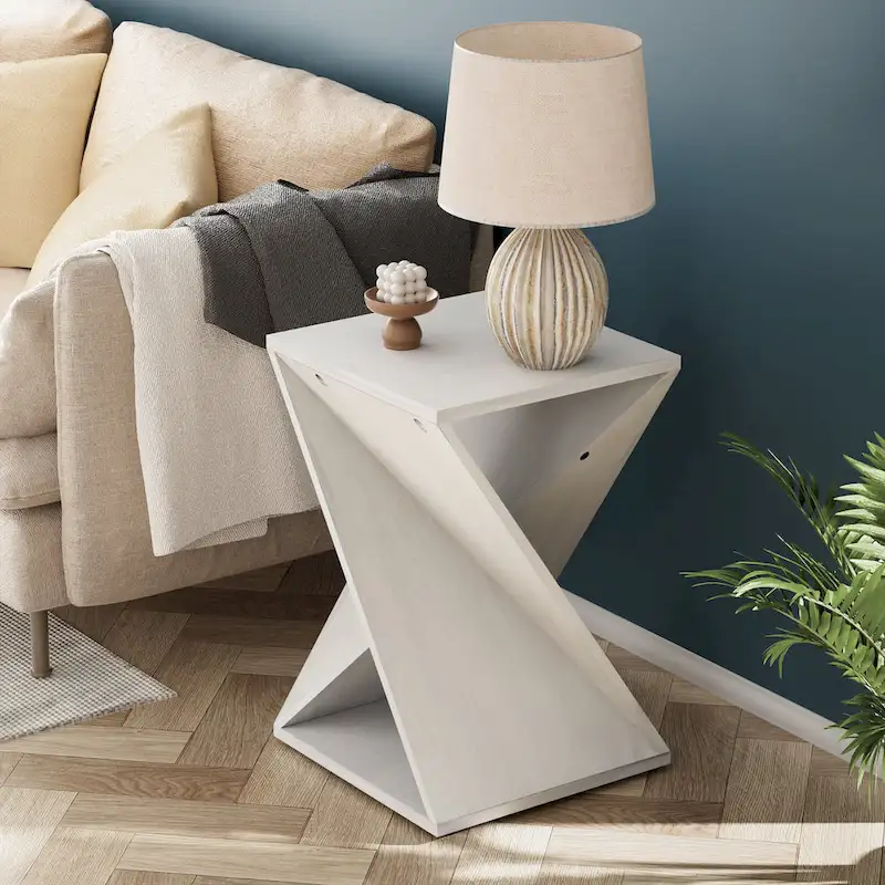 COZAYH Farmhouse End Table Square Solid Wood Side Table Rustic Plant Stand With Twisted Design, Natural Wood, Black