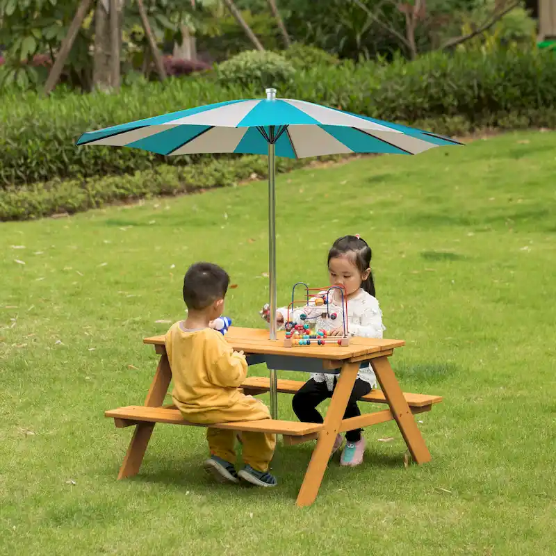 Picnic Play Table, Sandbox Table with Umbrella Hole and 2 Play Boxes.