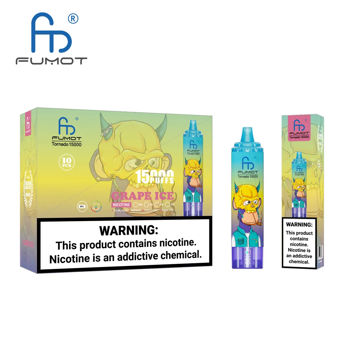 Fumot Tornado 15000 Grape Ice – 10er-Displaybox mit Einweg-Vape und Einzelpackung