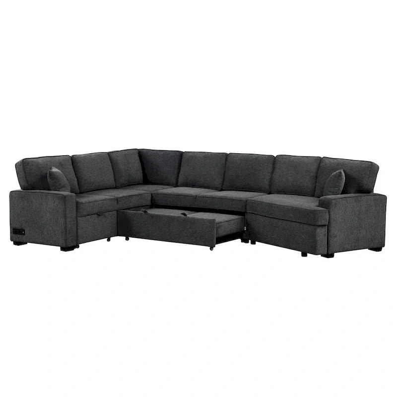 Black 126 L-Shaped 6-Seater Sofa with Pull-Out Bed and Cup Holders
