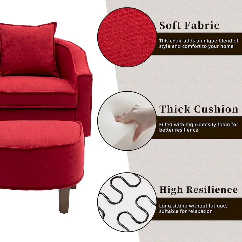 Linen/Polyester Upholstered Mid Century Barrel Chair with Ottoman