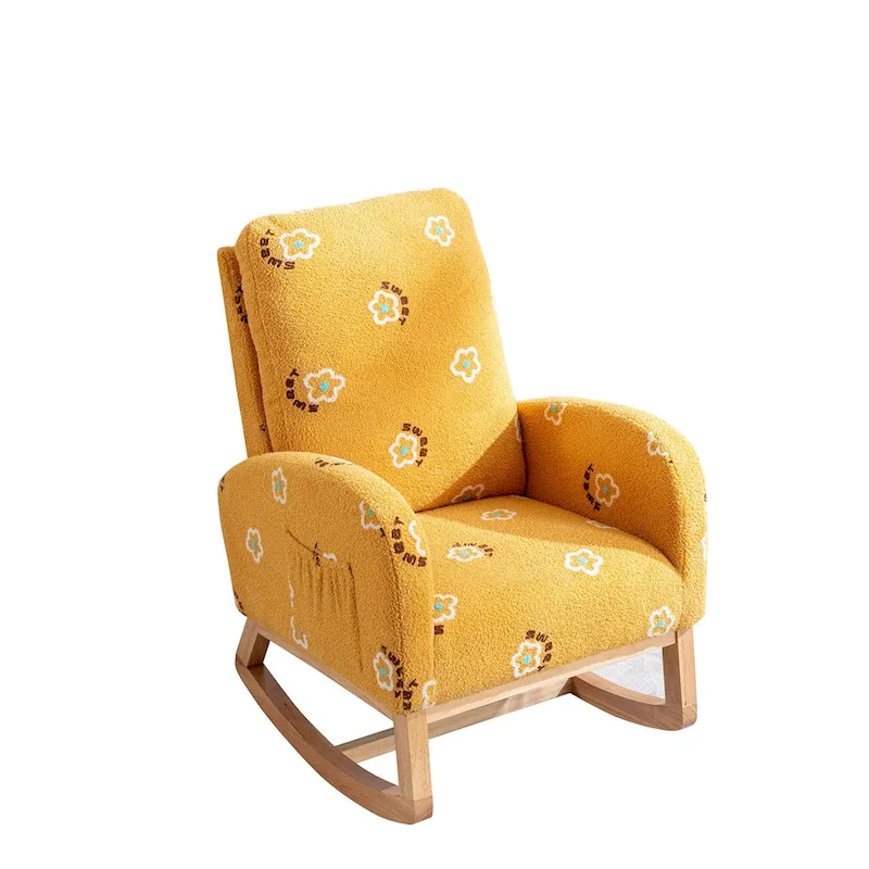 Modern Upholstered Rocker Armchair With Side Pocket, High Back Wooden Nursery Chair