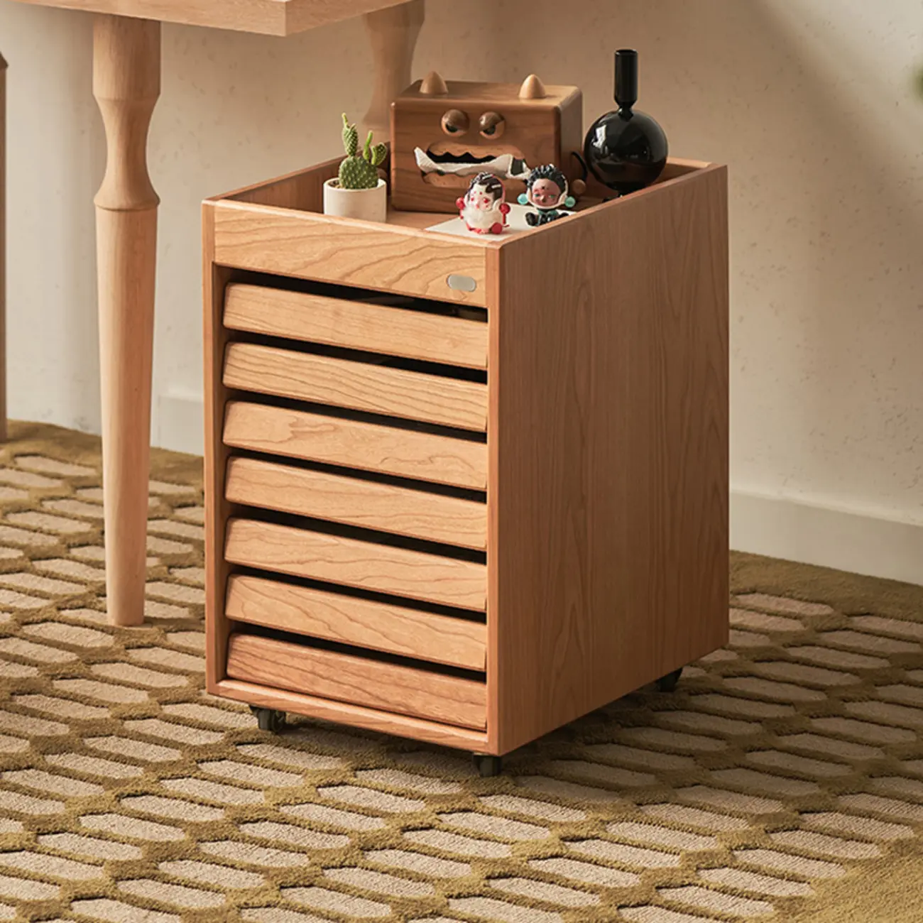 Modern Cherry Wood Rolling Side Table with Drawers