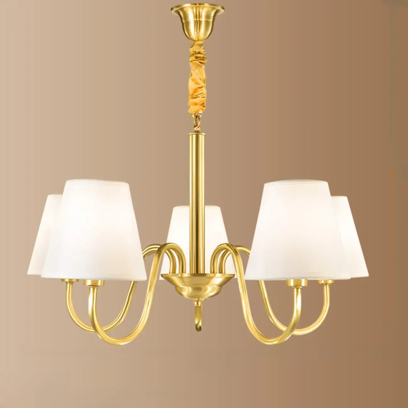Modern Brass Hanging Chandelier with Fabric Shade