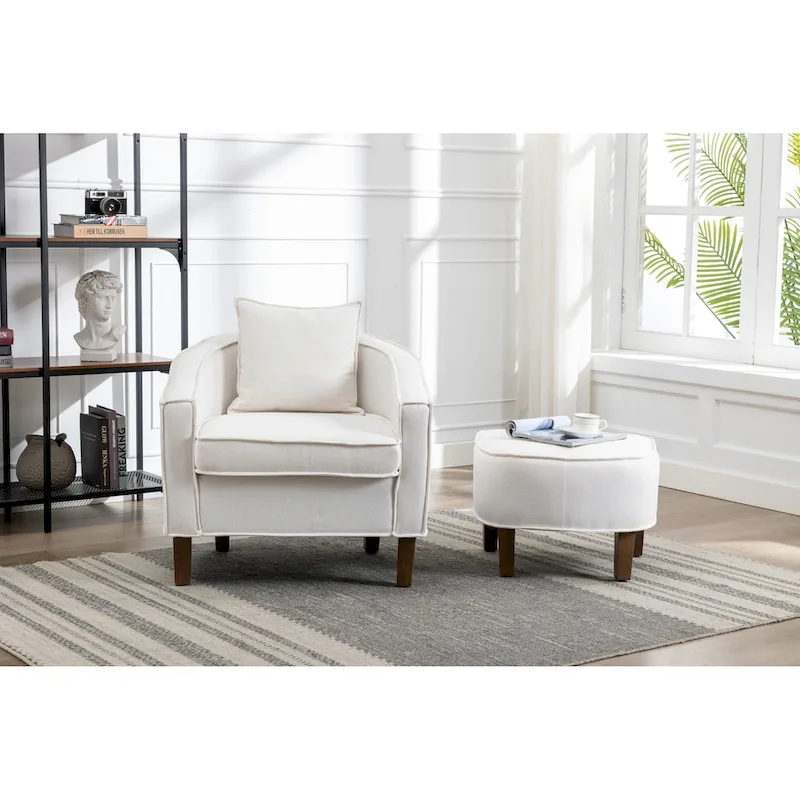 Linen/Polyester Upholstered Mid Century Barrel Chair with Ottoman