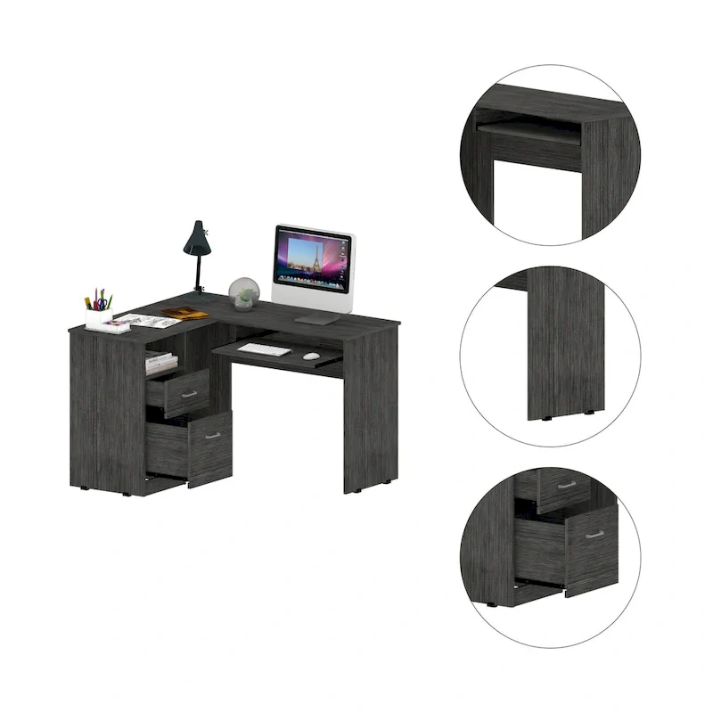 TUHOME Mix L-Shaped Desk with Open Shelving, 2 Drawers, and a Retractable Keyboard