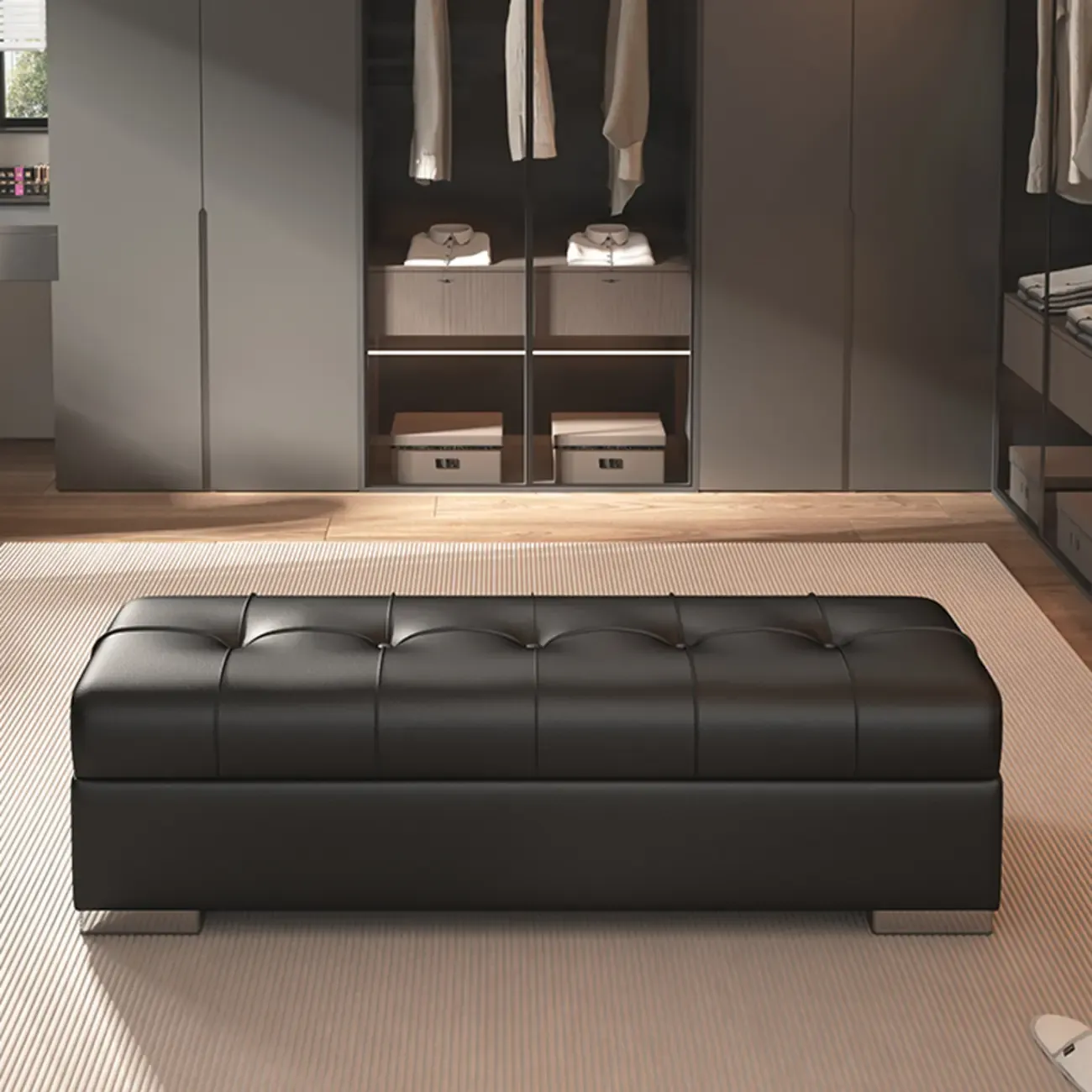 Modern Leather Upholstered Bedroom Bench with Storage