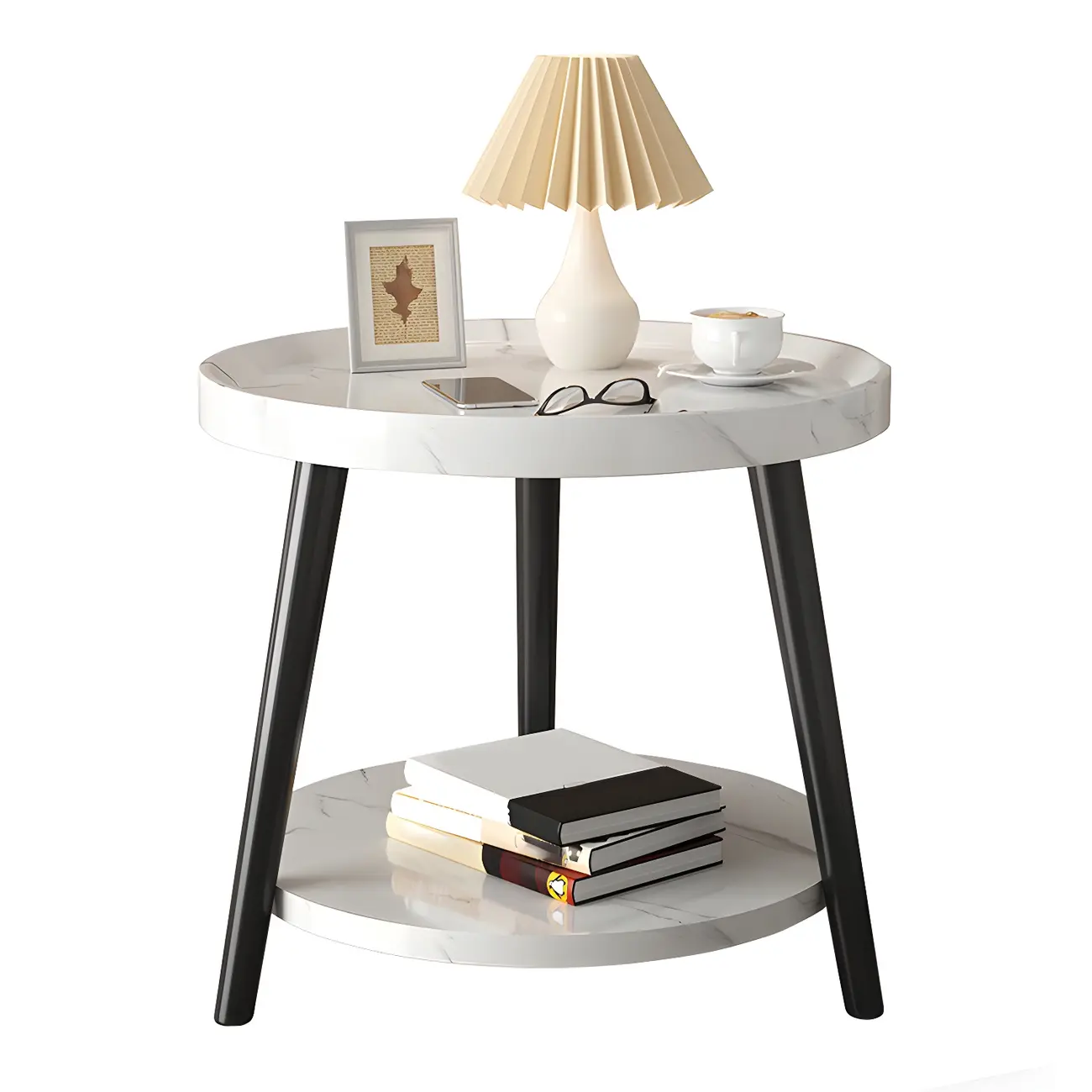 Natural Espresso Wood Small Round End Side Table with Tray Top & Shelf