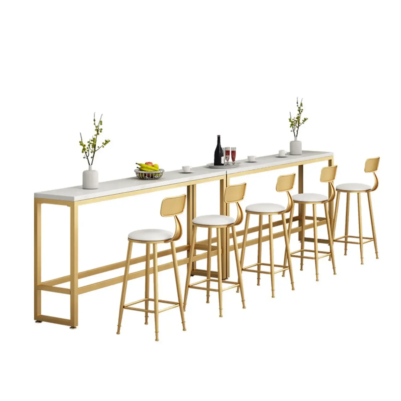 Modern Rectangle Marble Top Bar Table Gold Base with Footrest