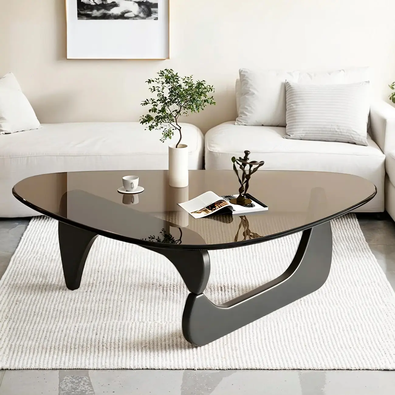 Modern Triangle Glass Coffee Table Wooden Base